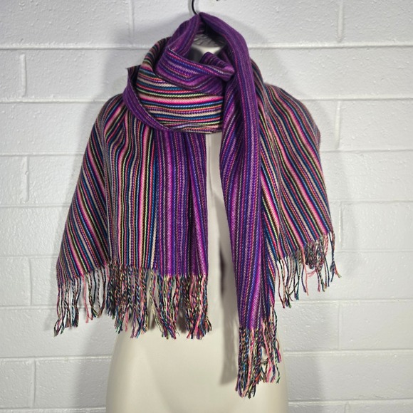 Peru Striped Wool Multicolor Fringe Scarf Kidcore Purple Winter Handwoven Bright - Picture 5 of 5